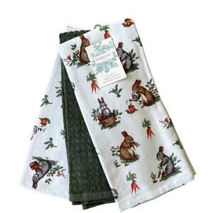 Shabby Chic Cotton Kitchen Towels Spring Floral Easter Bunny Rabbit Set of 3 NEW